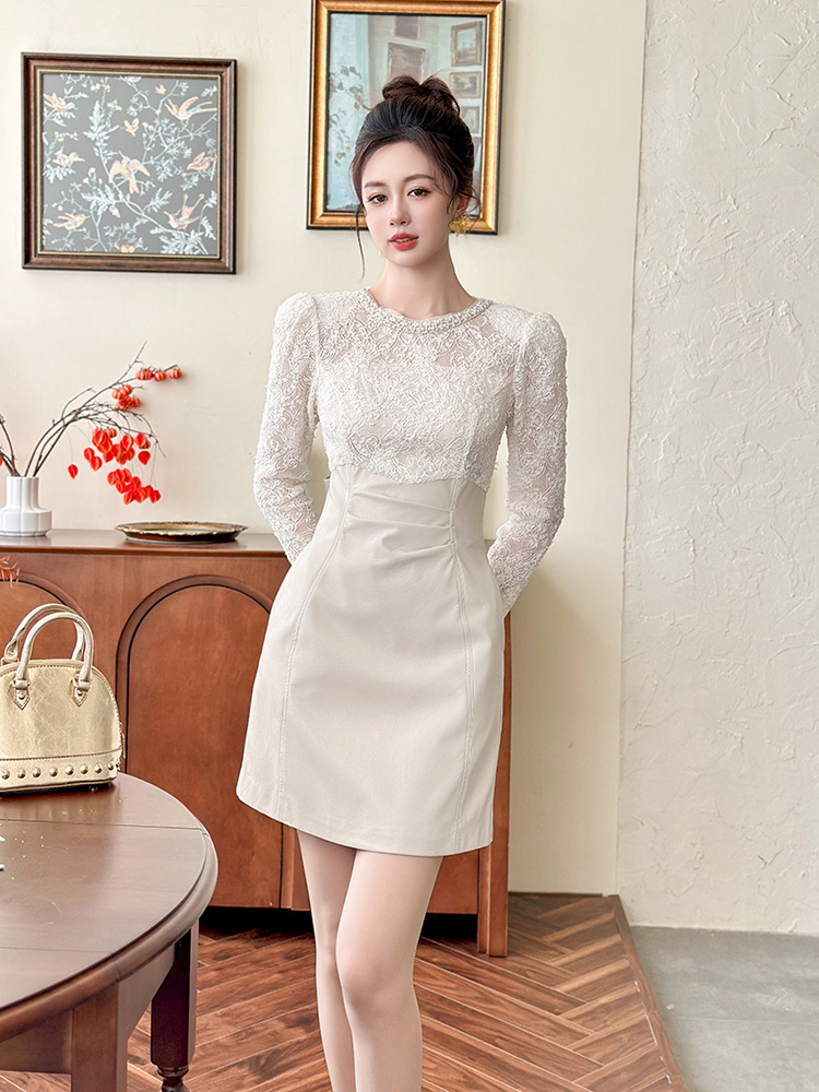 Autumn and winter splice lace France style dress