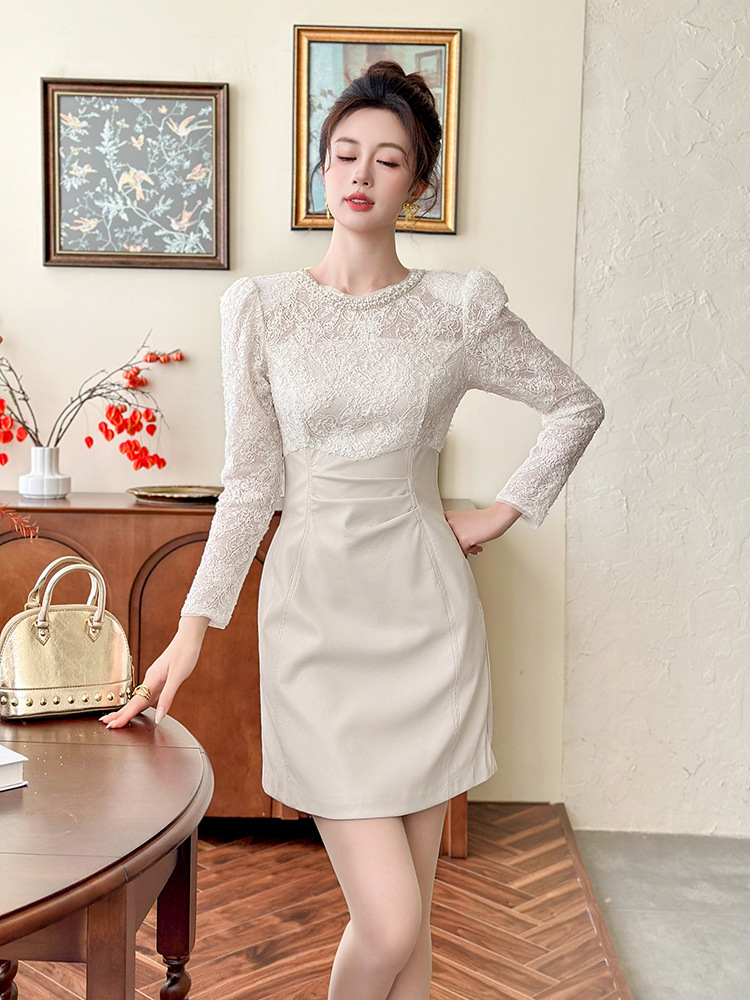 Autumn and winter splice lace France style dress