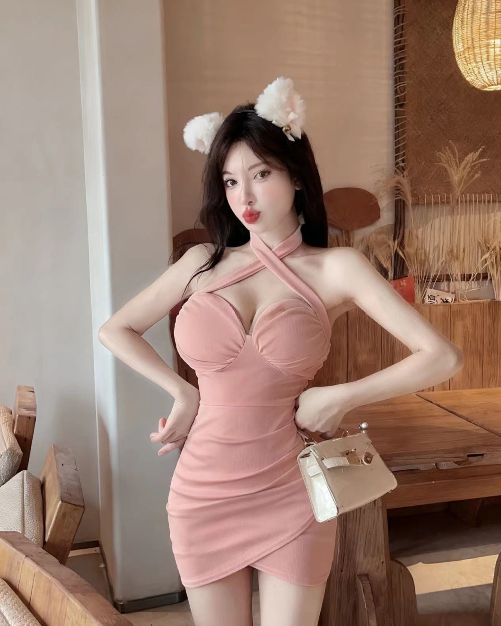 Hollow halter short bottoming sexy package hip dress