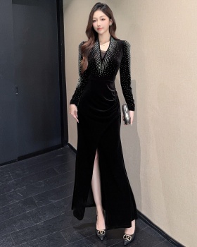 France style split V-neck long sleeve slim dress for women