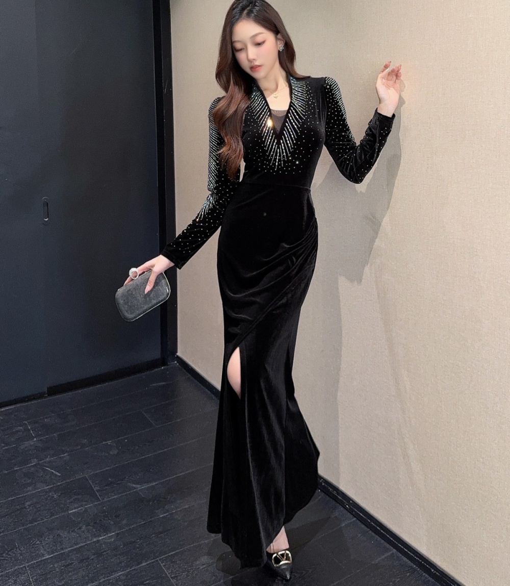 France style split V-neck long sleeve slim dress for women