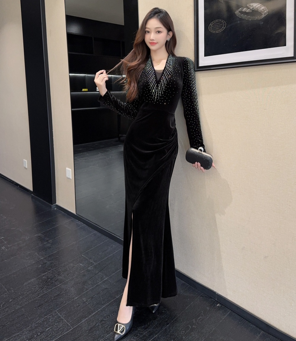 France style split V-neck long sleeve slim dress for women