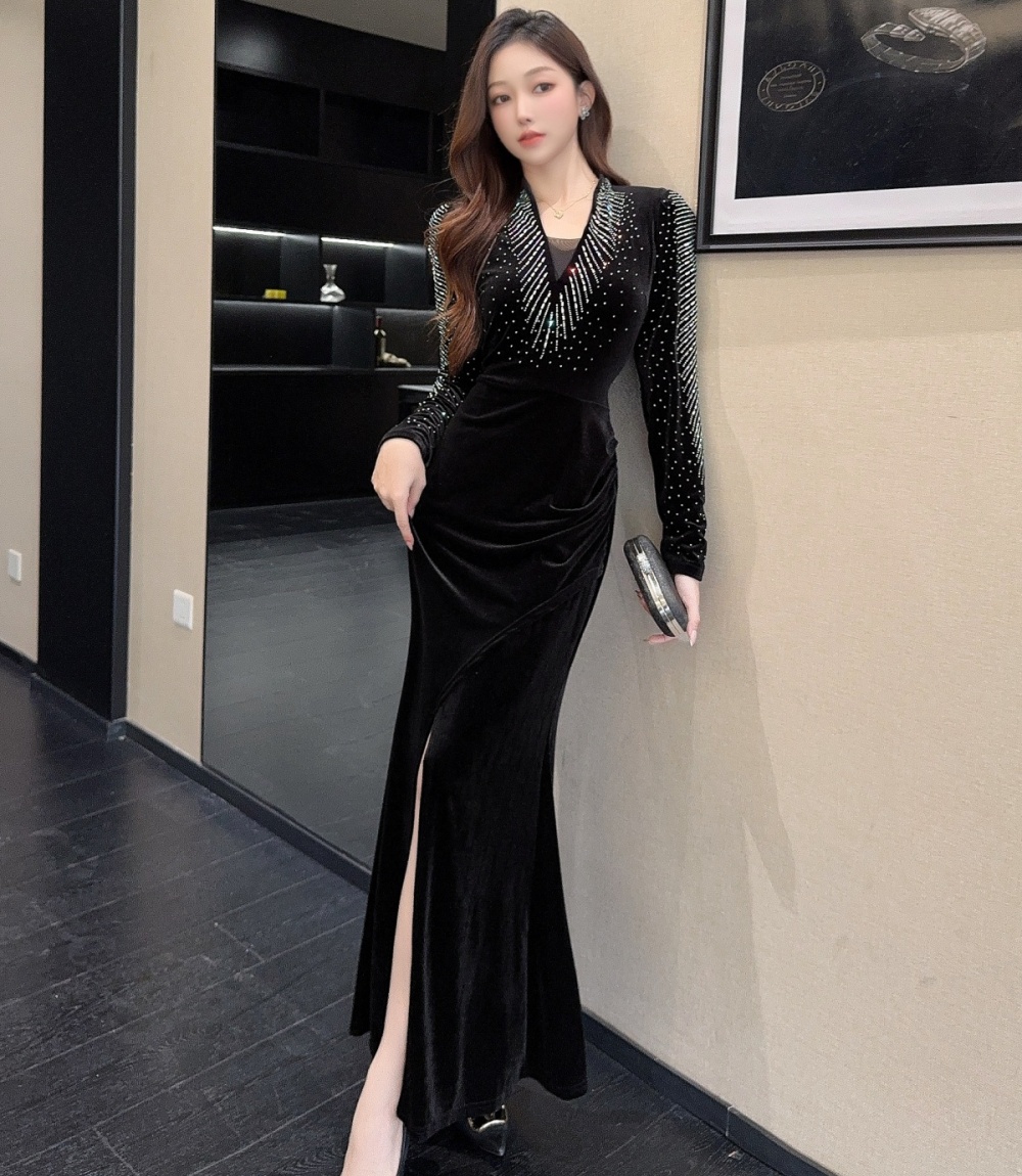 France style split V-neck long sleeve slim dress for women