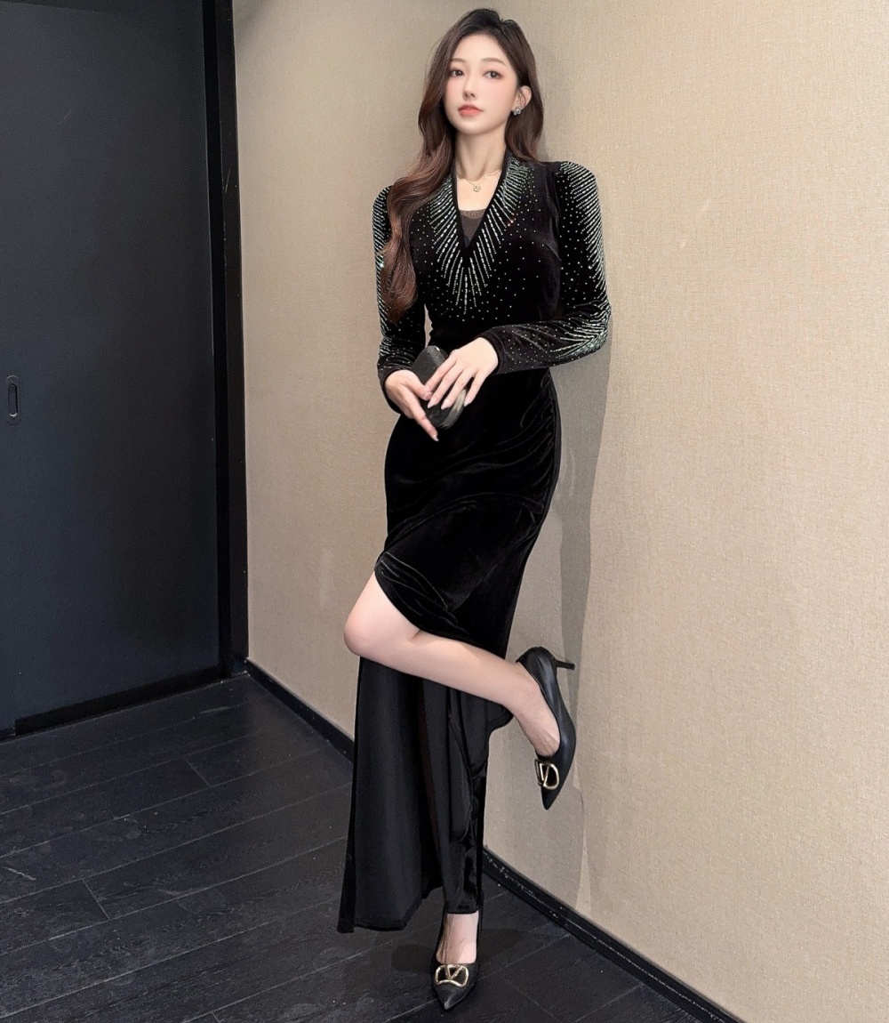 France style split V-neck long sleeve slim dress for women