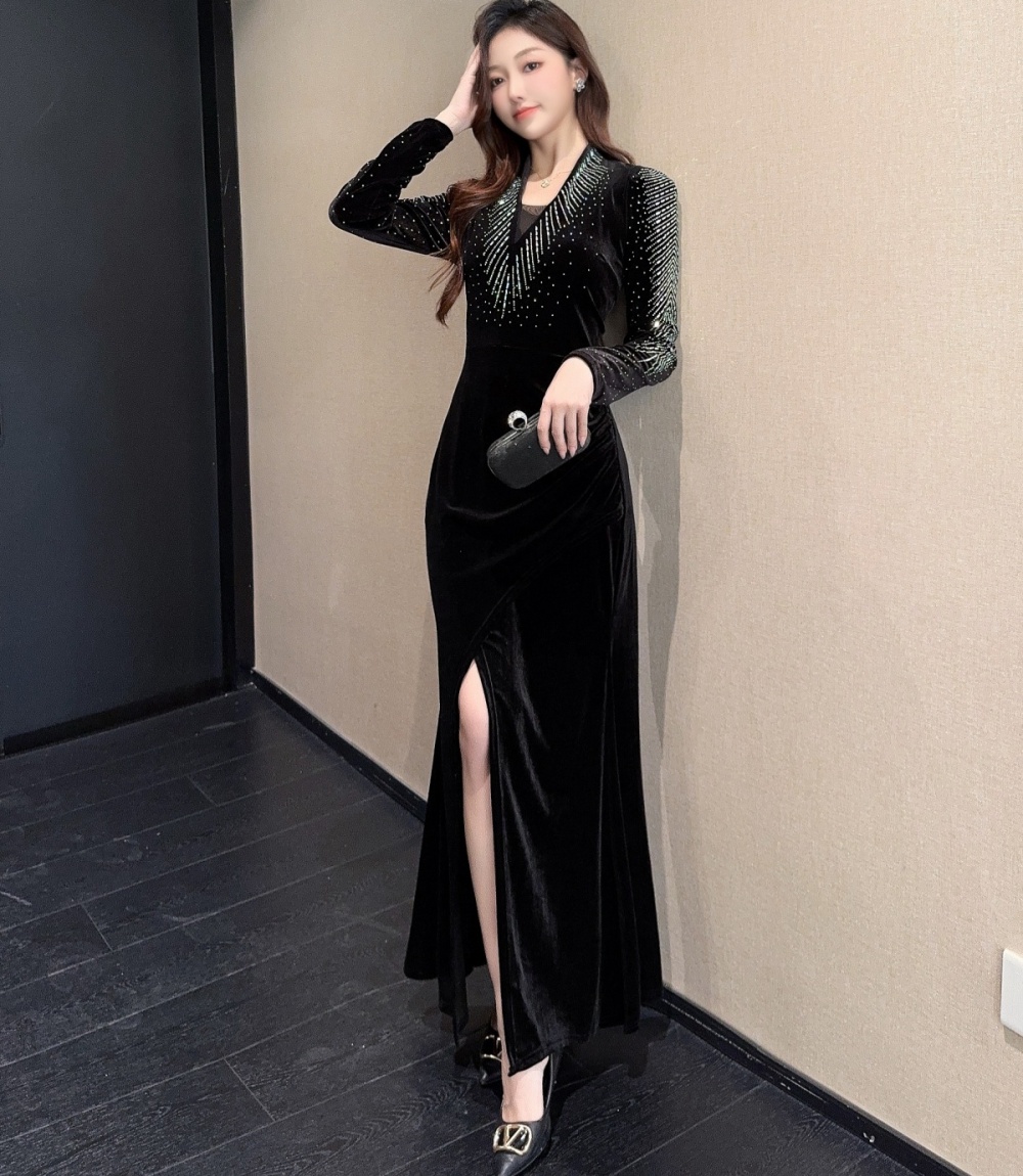 France style split V-neck long sleeve slim dress for women