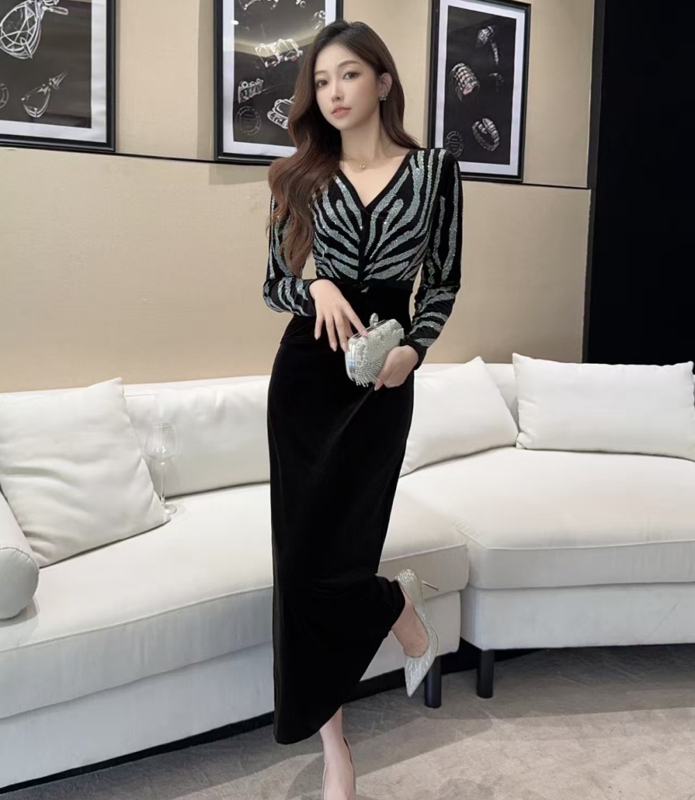 Rhinestone formal dress velvet dress