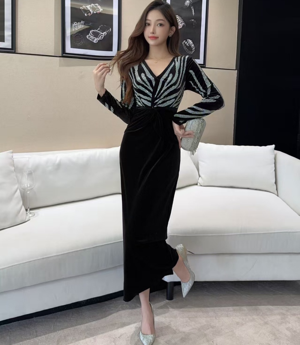 Rhinestone formal dress velvet dress