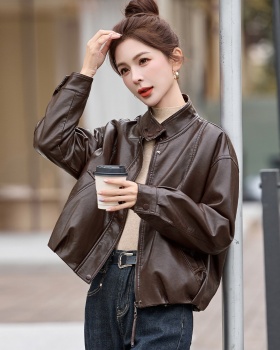 Slim loose splice leather coat autumn PU tops for women