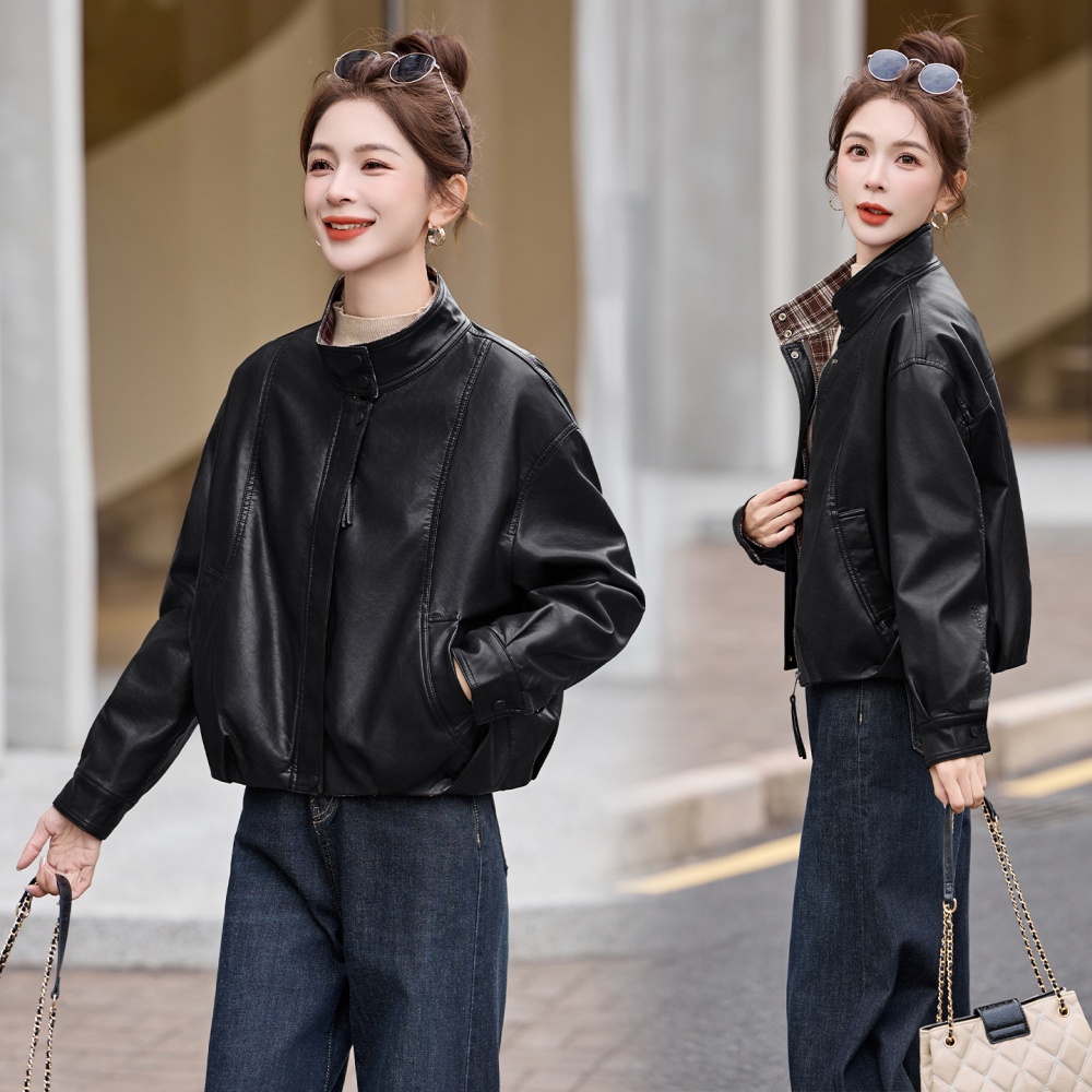 Slim loose splice leather coat autumn PU tops for women