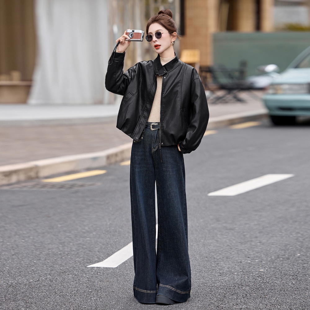 Slim loose splice leather coat autumn PU tops for women