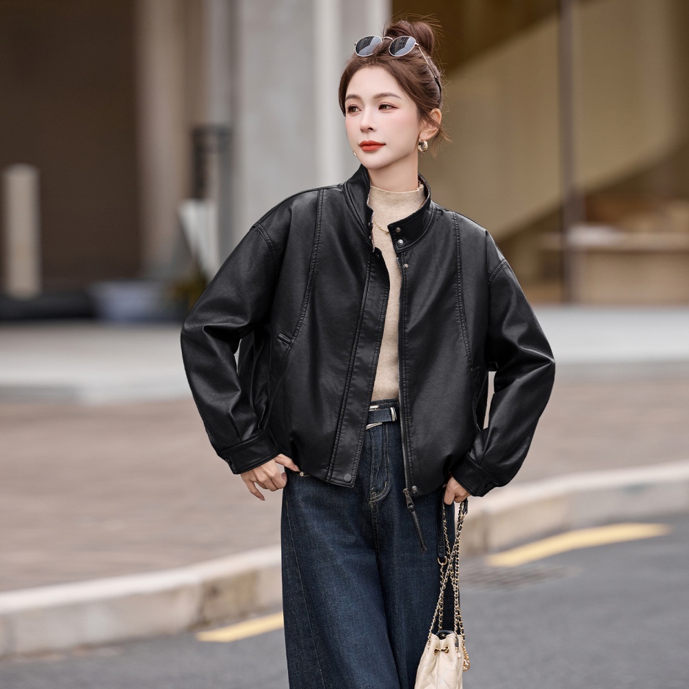 Slim loose splice leather coat autumn PU tops for women