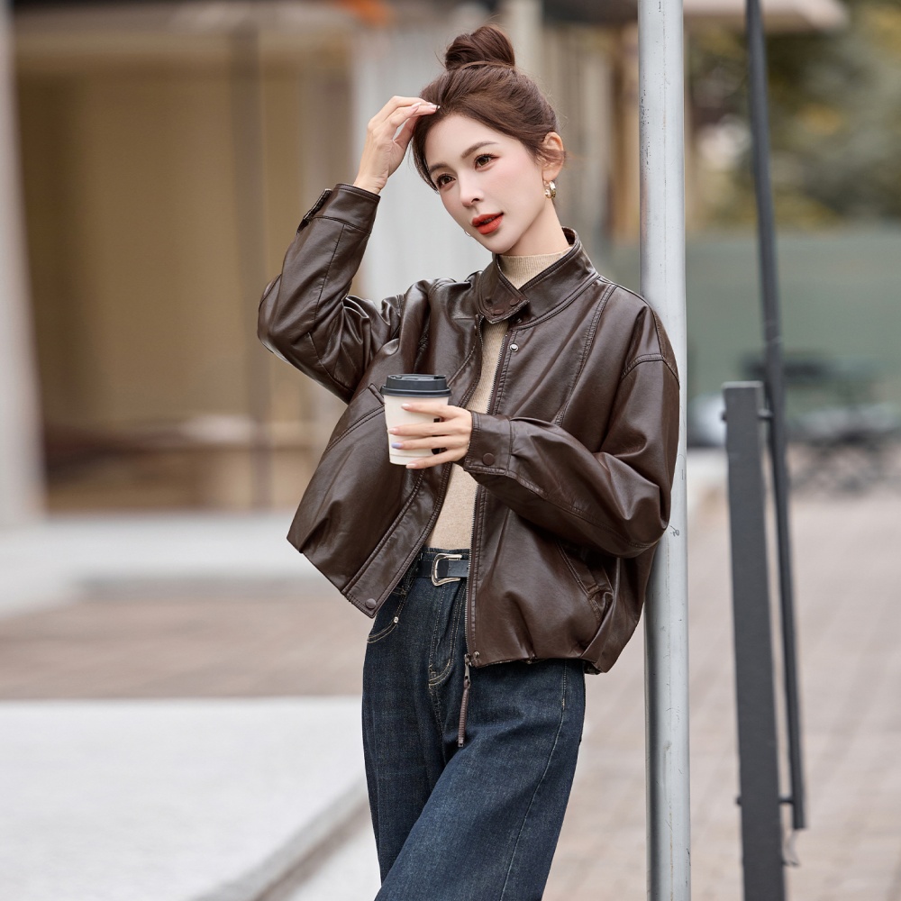 Slim loose splice leather coat autumn PU tops for women