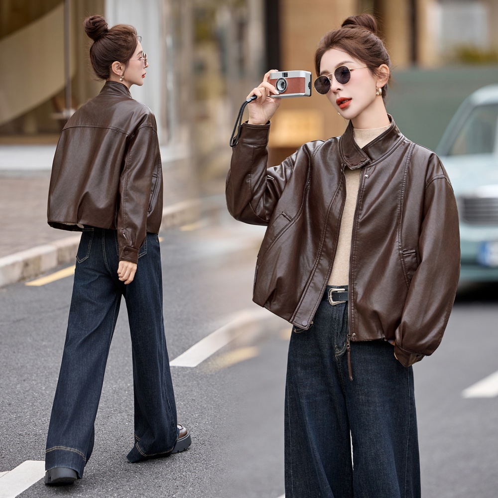 Slim loose splice leather coat autumn PU tops for women