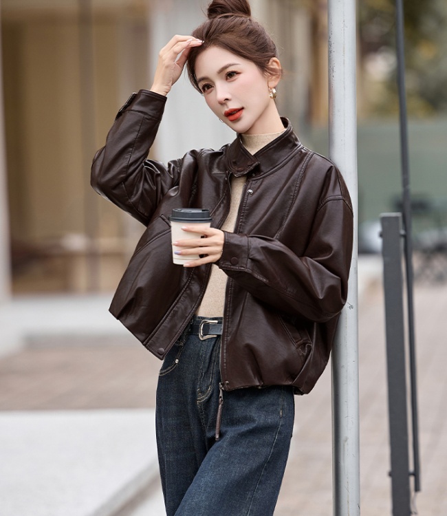 Slim loose splice leather coat autumn PU tops for women