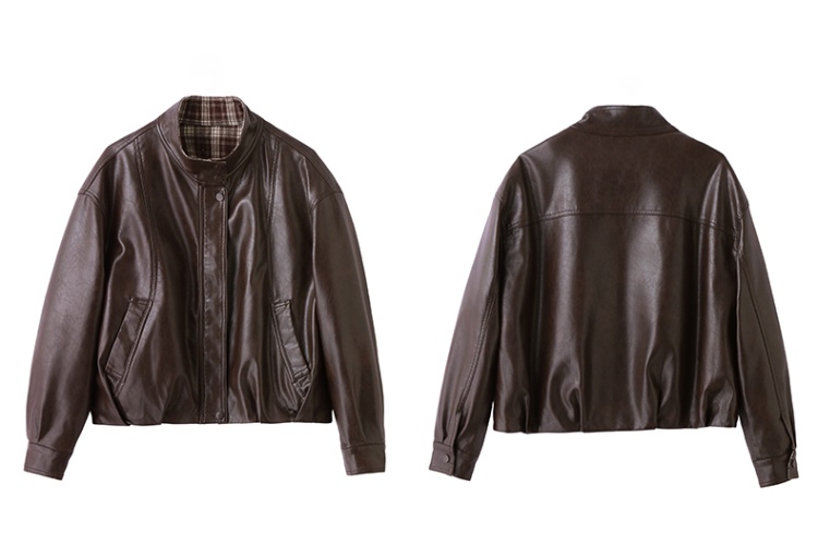 Slim loose splice leather coat autumn PU tops for women