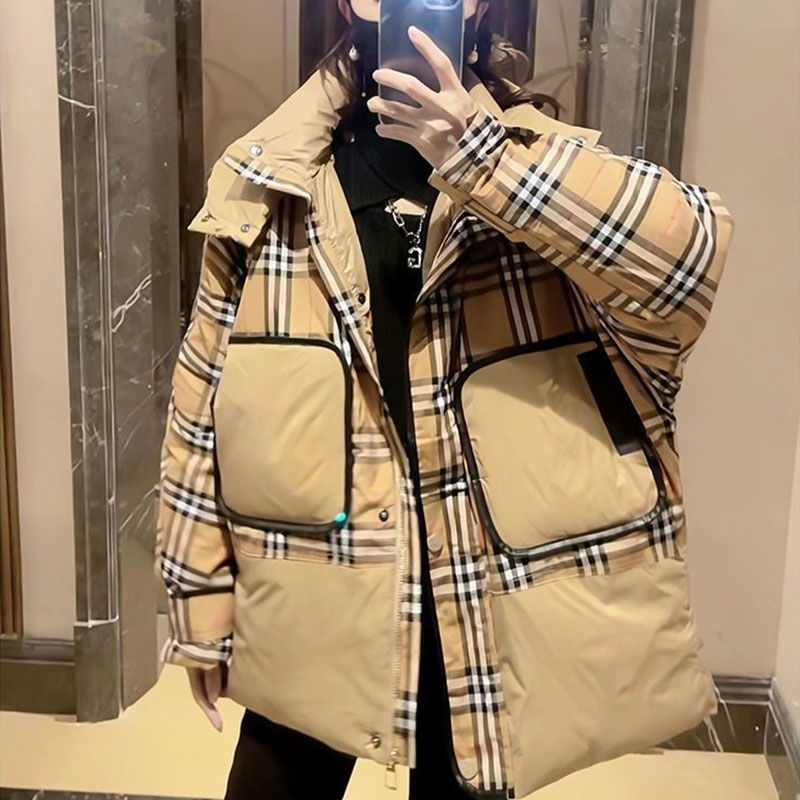 Thermal plaid coat splice down coat for women