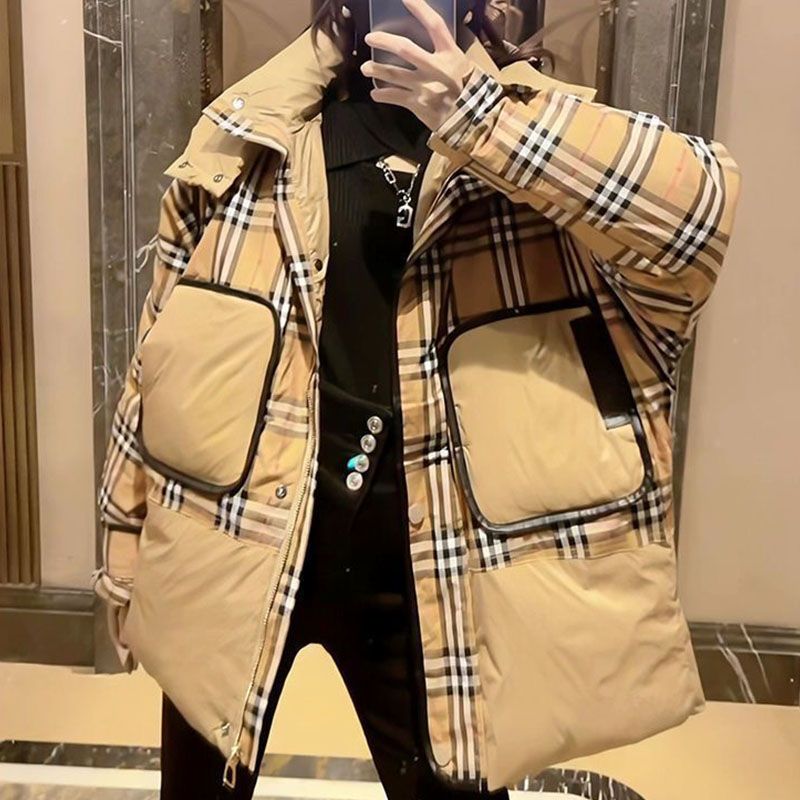Thermal plaid coat splice down coat for women