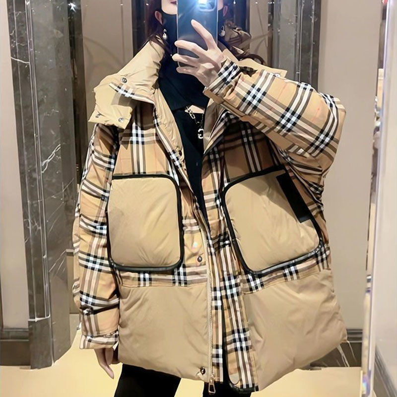 Thermal plaid coat splice down coat for women