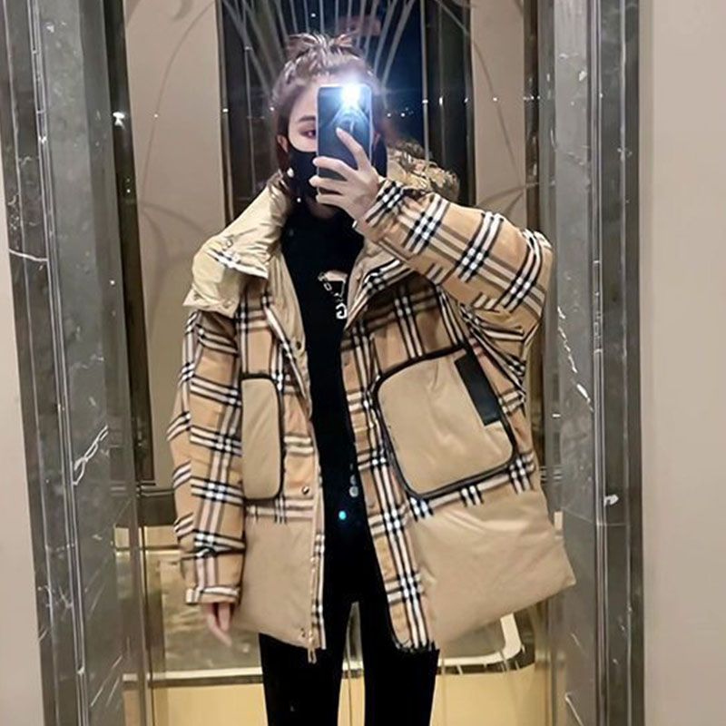 Thermal plaid coat splice down coat for women