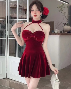 Autumn sleeveless red France style peppers sling dress