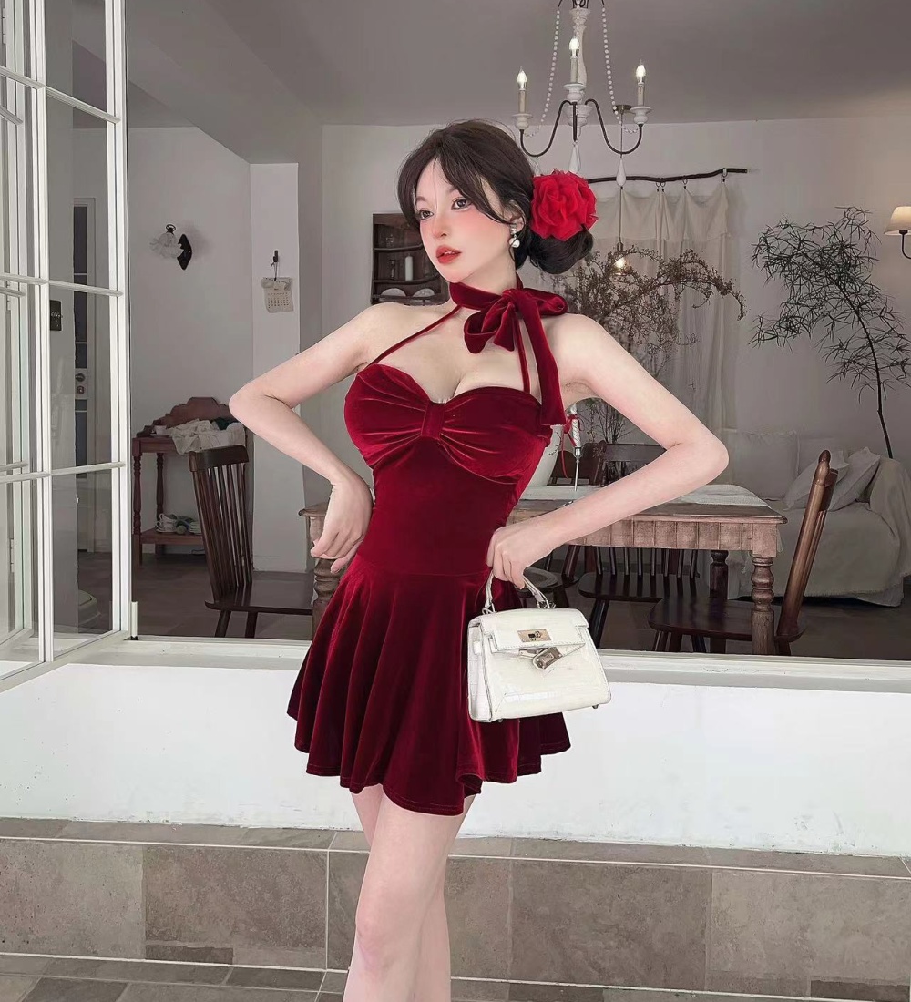 Autumn sleeveless red France style peppers sling dress
