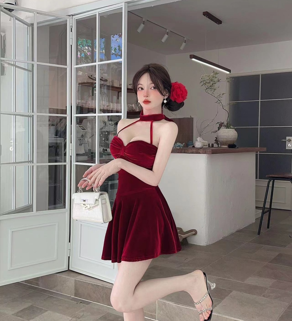 Autumn sleeveless red France style peppers sling dress