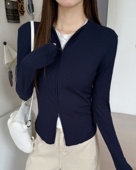 Double zip long sleeve tops cstand collar T-shirt for women