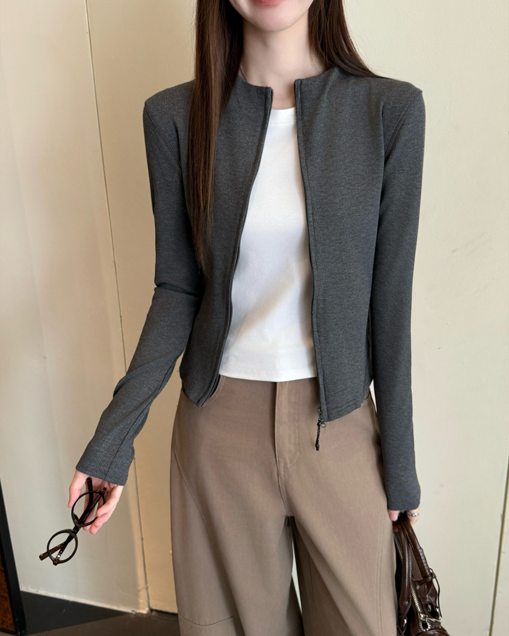 Double zip long sleeve tops cstand collar T-shirt for women