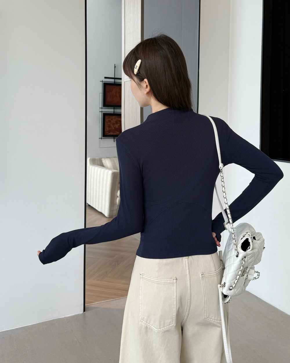 Double zip long sleeve tops cstand collar T-shirt for women