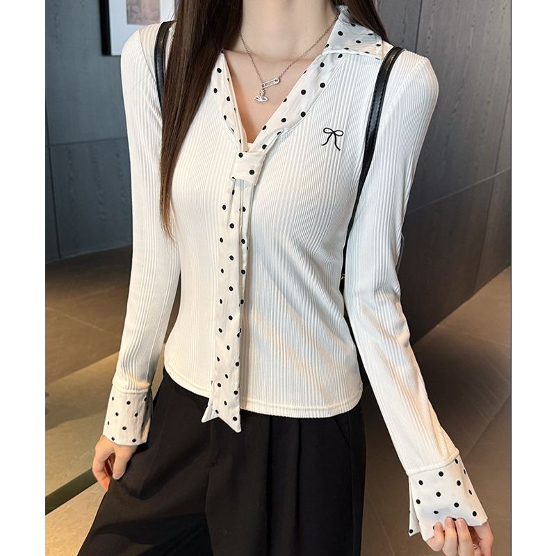 Polka dot collar V-neck white slim long sleeve T-shirt for women