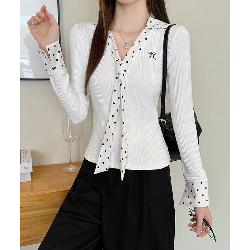 Polka dot collar V-neck white slim long sleeve T-shirt for women