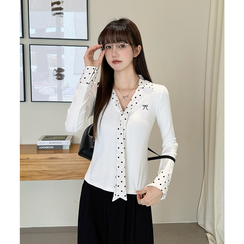 Polka dot collar V-neck white slim long sleeve T-shirt for women