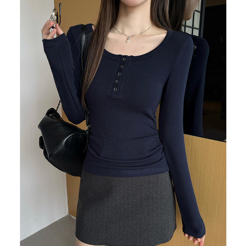 U-neck autumn and winter T-shirt pinched waist tops for women