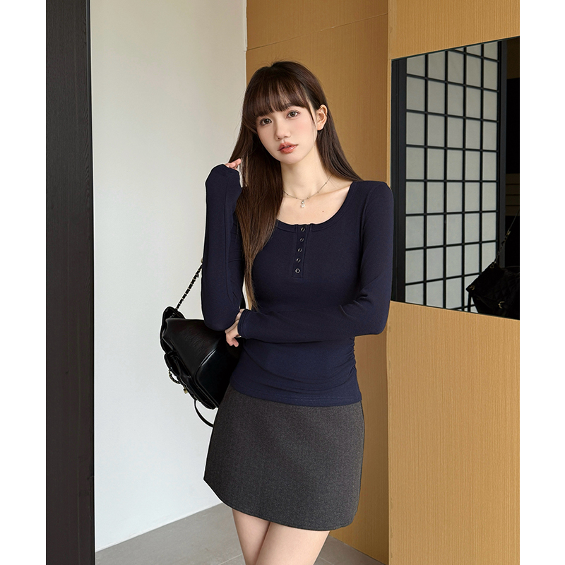 U-neck autumn and winter T-shirt pinched waist tops for women