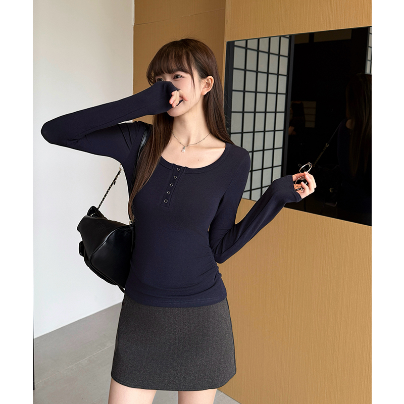 U-neck autumn and winter T-shirt pinched waist tops for women