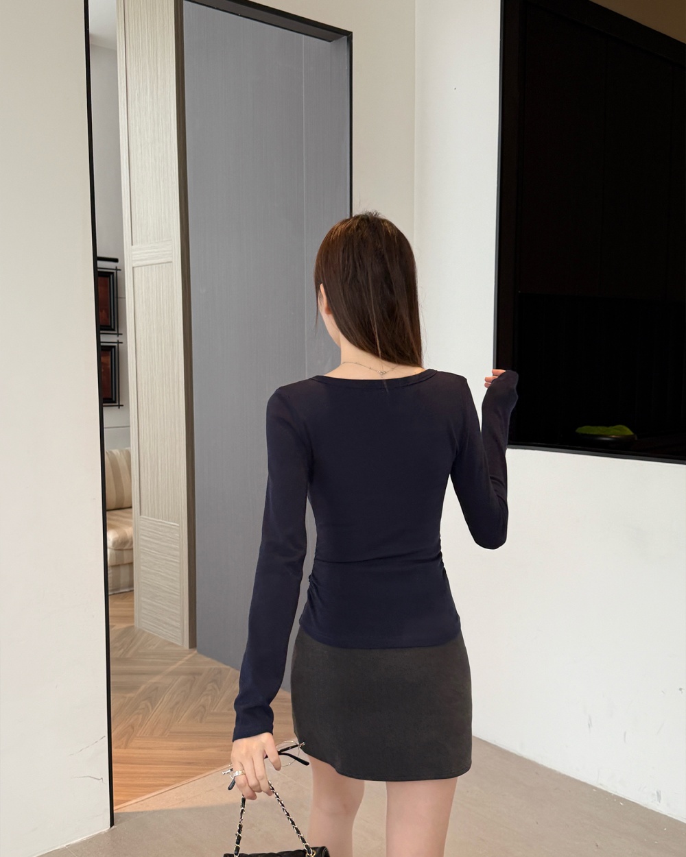 U-neck autumn and winter T-shirt pinched waist tops for women