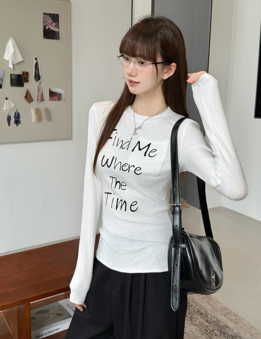 Round neck long sleeve T-shirt slim tops for women