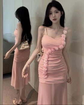 Violet summer flowers long dress sling romantic dress