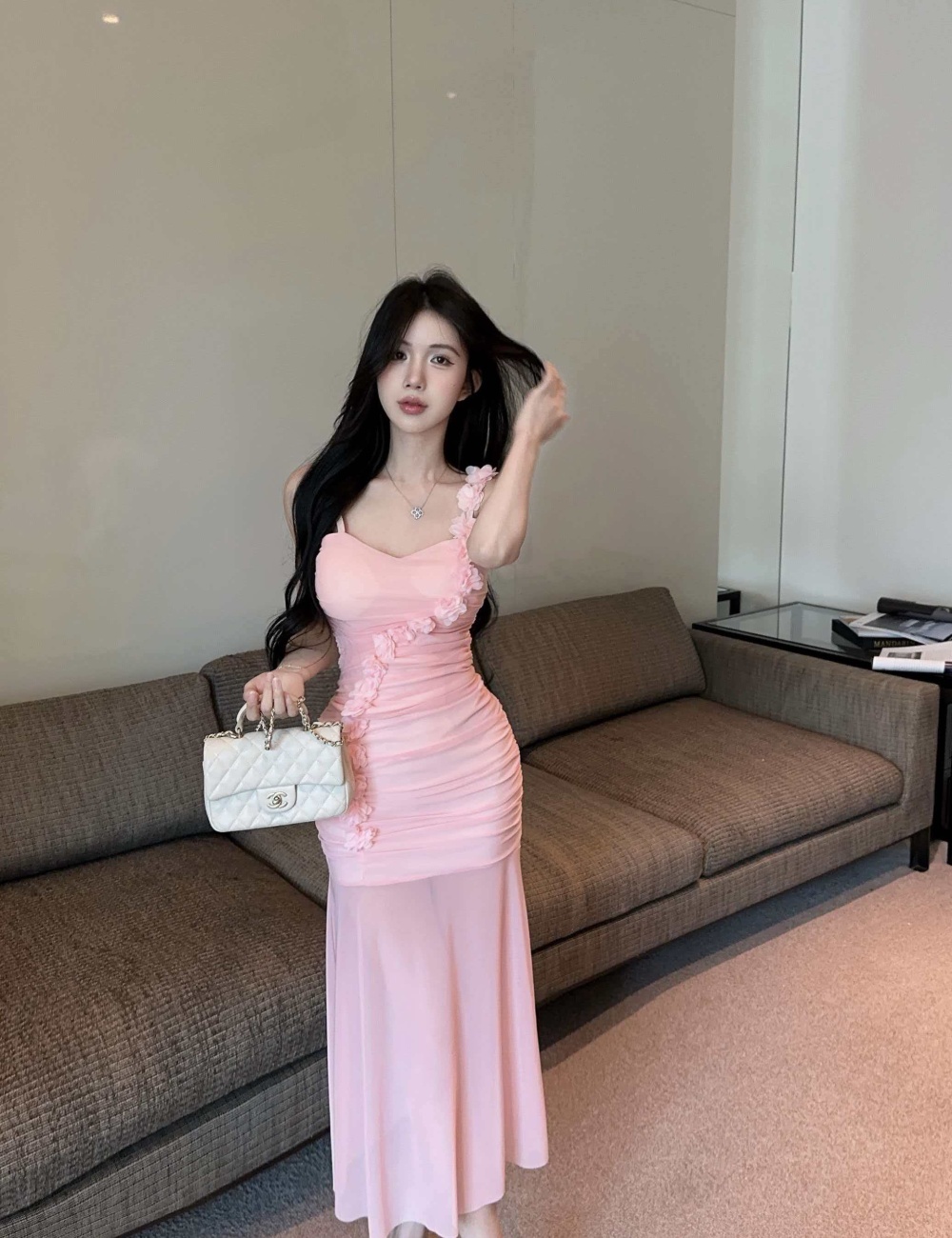 Violet summer flowers long dress sling romantic dress