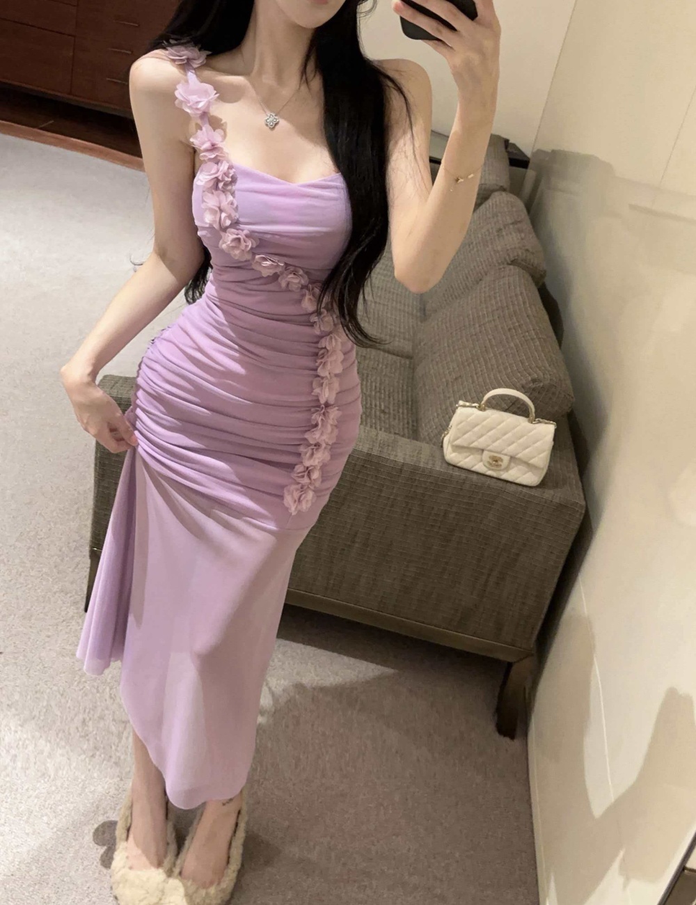Violet summer flowers long dress sling romantic dress