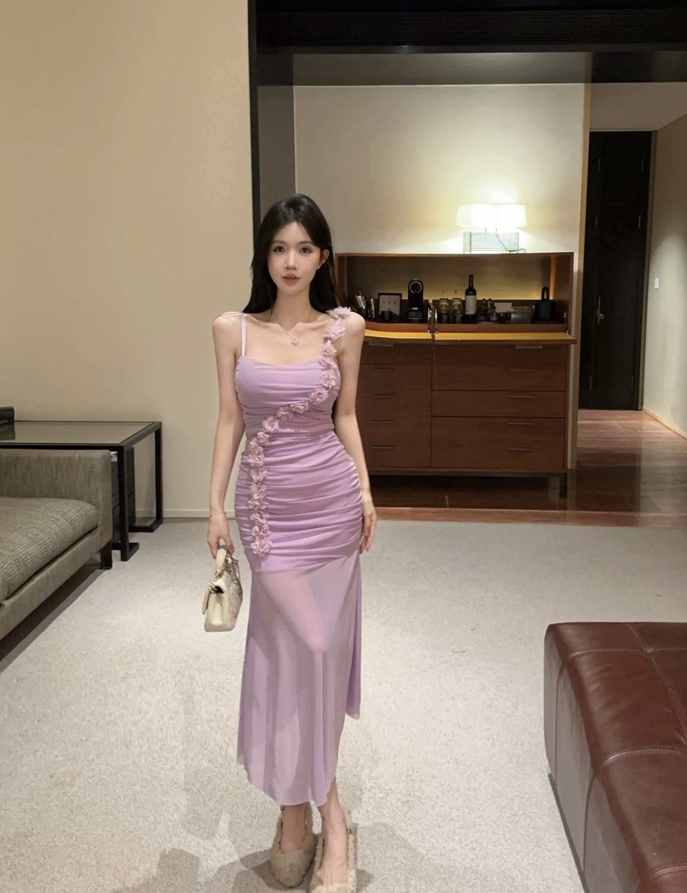 Violet summer flowers long dress sling romantic dress