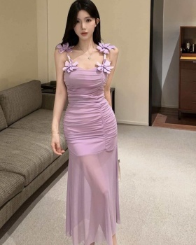 Flowers gauze splice long sling bottoming dress