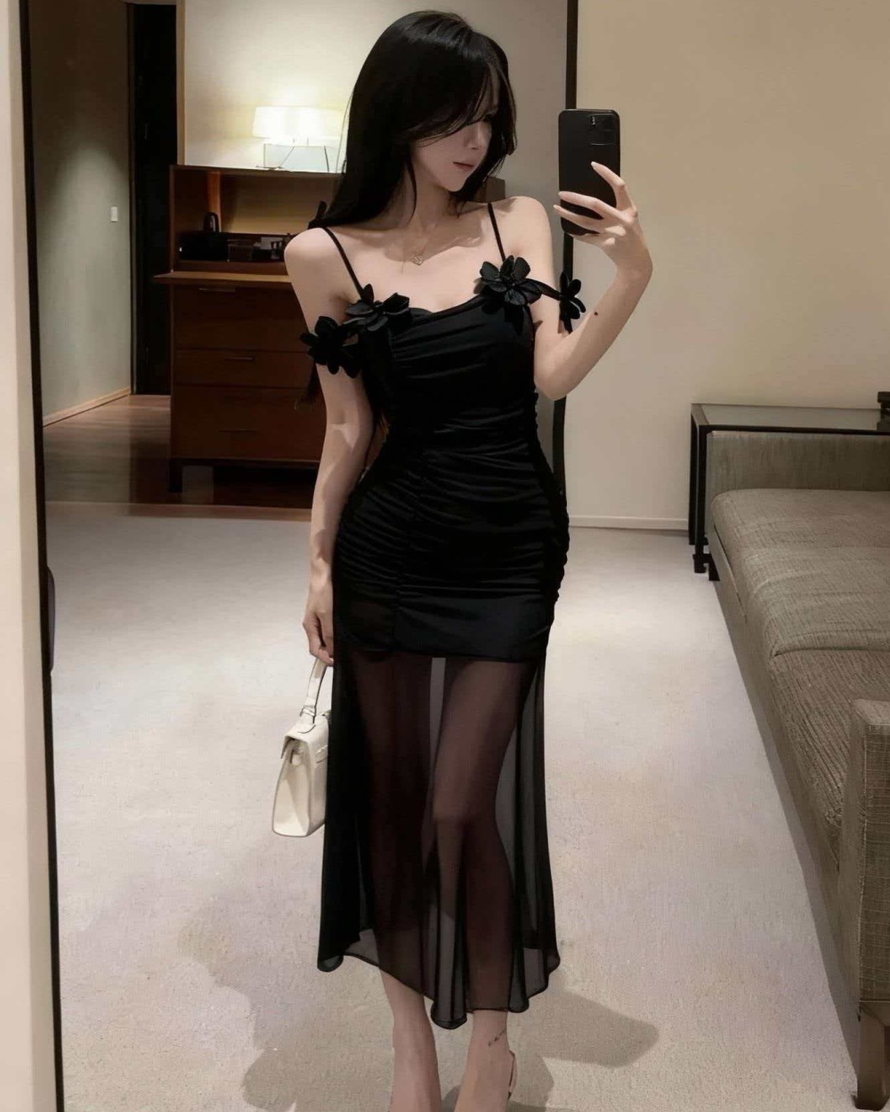 Flowers gauze splice long sling bottoming dress