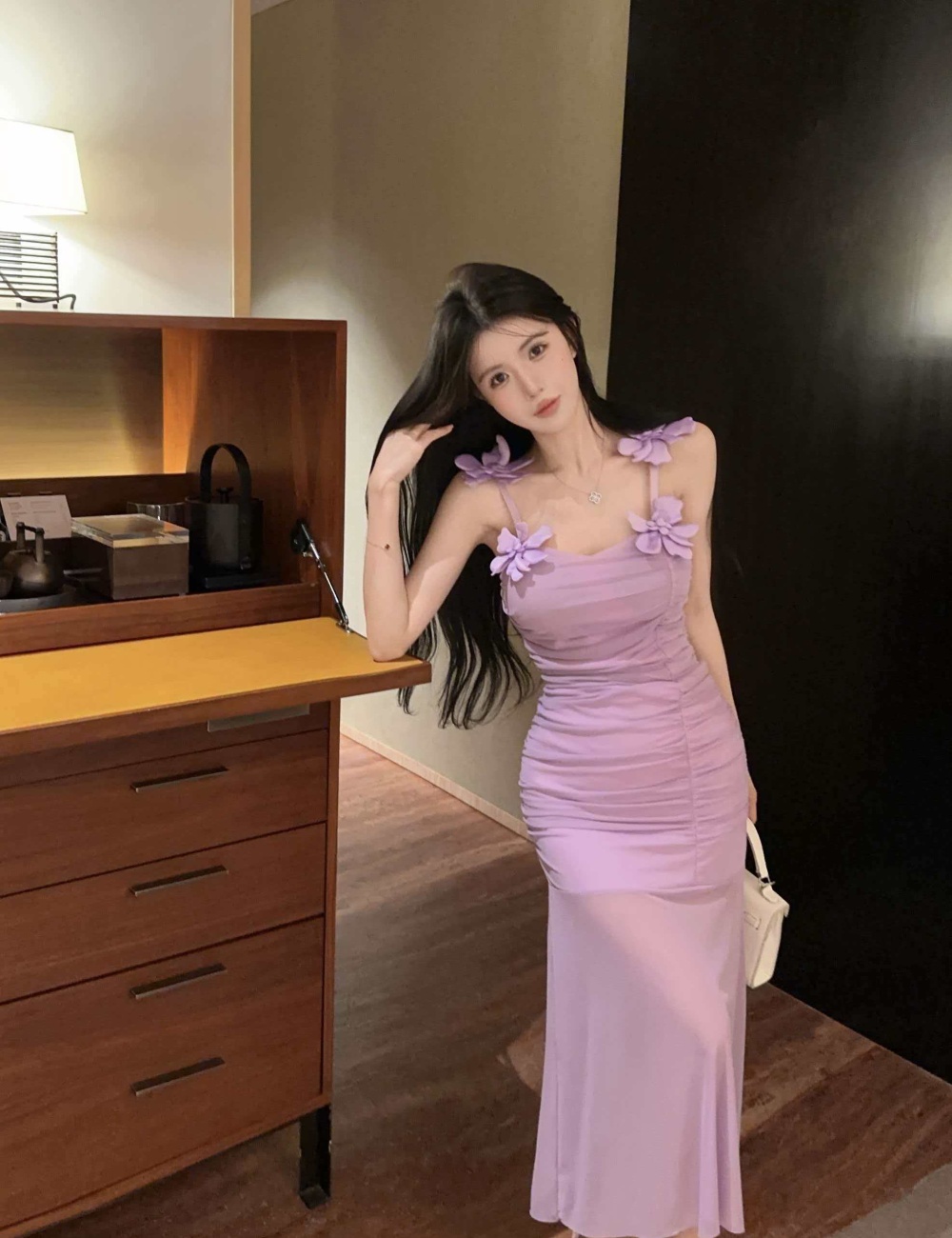 Flowers gauze splice long sling bottoming dress