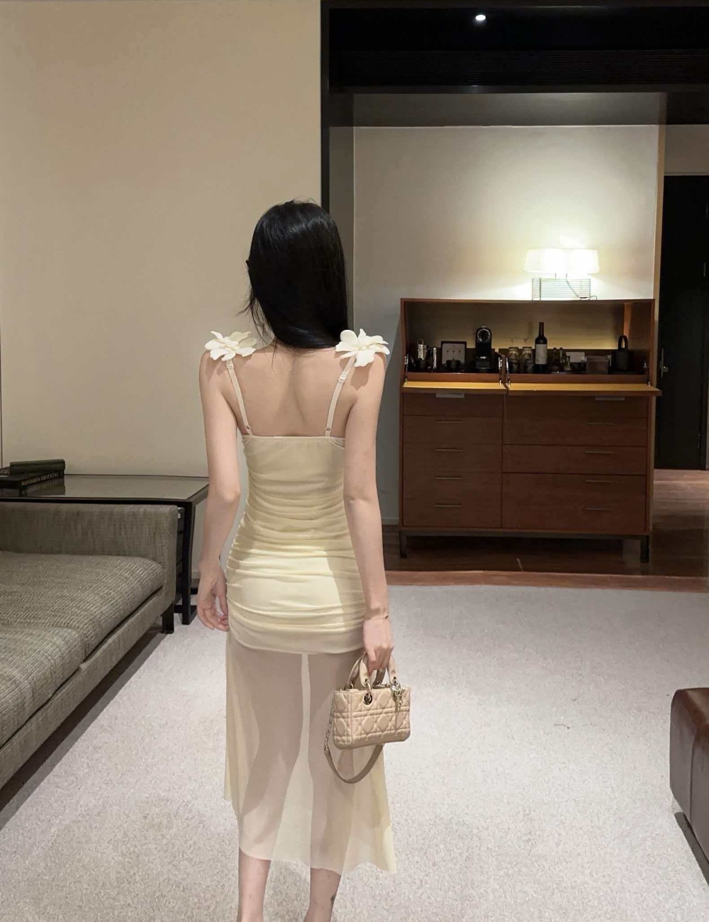 Flowers gauze splice long sling bottoming dress