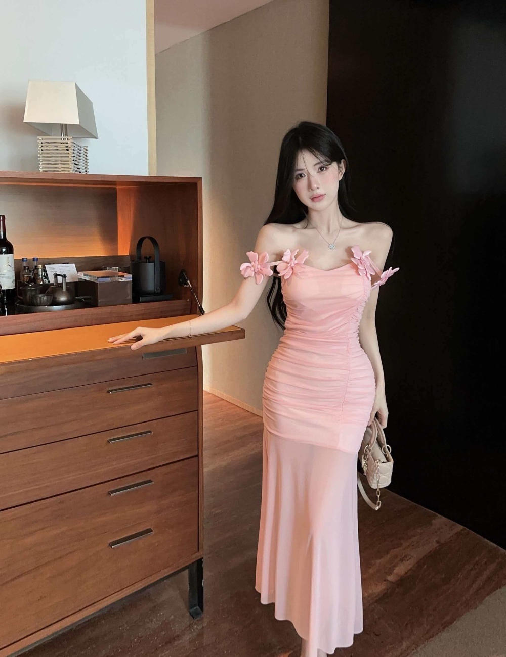 Flowers gauze splice long sling bottoming dress