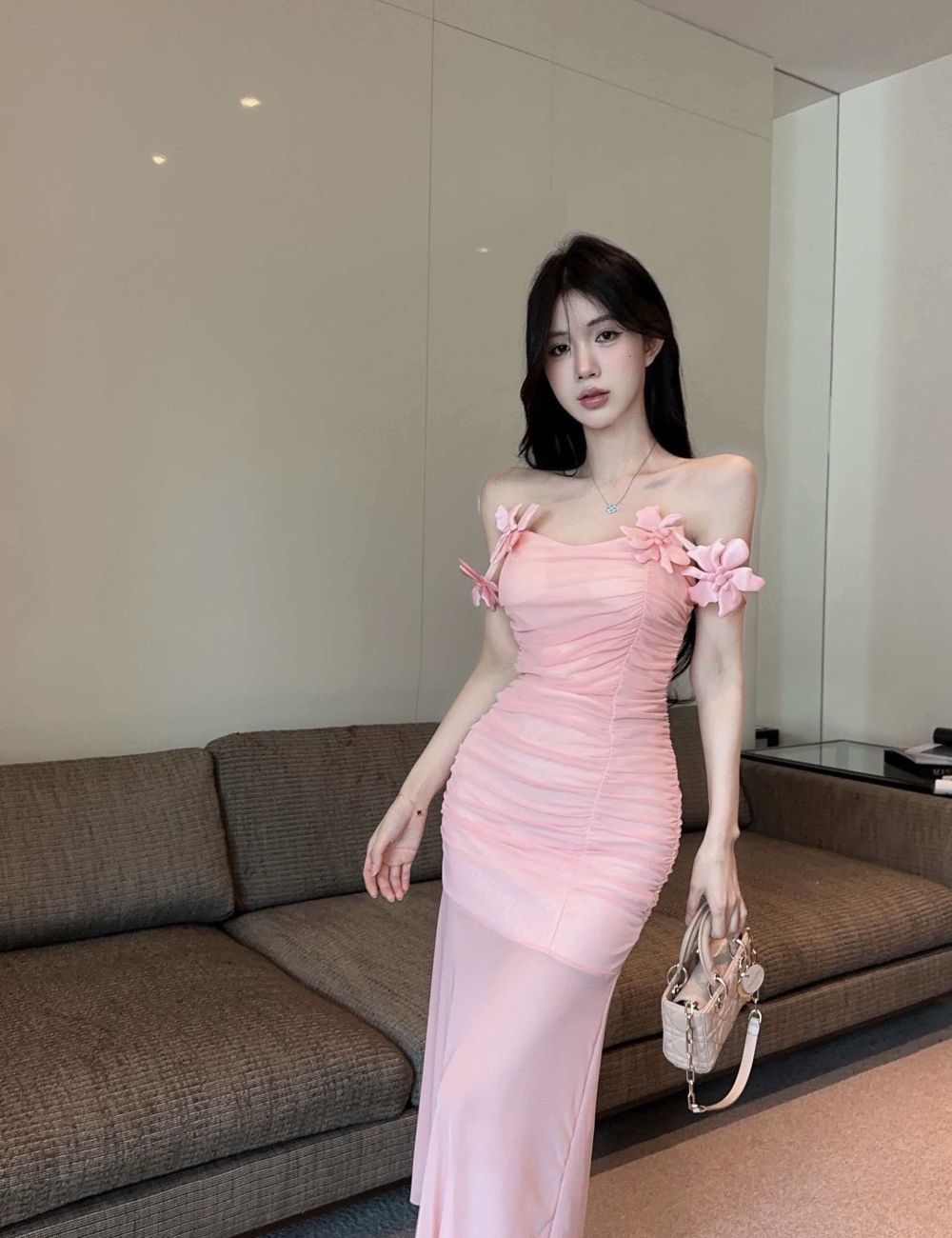 Flowers gauze splice long sling bottoming dress