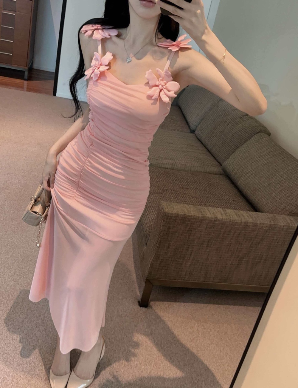 Flowers gauze splice long sling bottoming dress