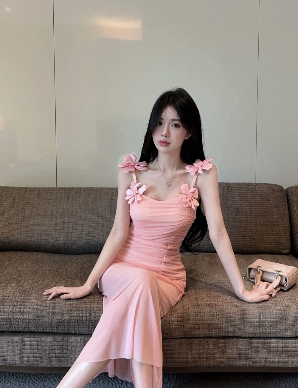 Flowers gauze splice long sling bottoming dress