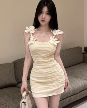 Flowers sling splice package hip gauze dress